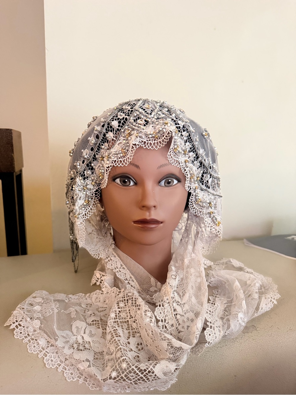 Embellished Lace Prayer Scarf in Ivory & Silver